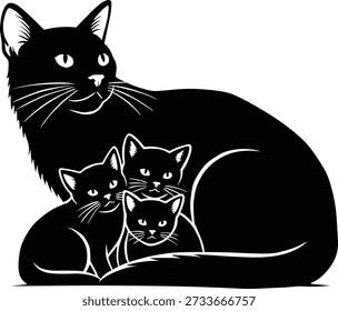 Mãe Gato com Gatinhos Silhueta Vetor