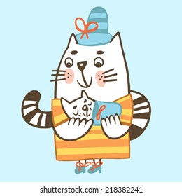 mother cat with a sleeping kitten in her arms. funny characters.