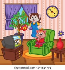 mother cat watering flowers baby cat watching TV - vector illustration, eps