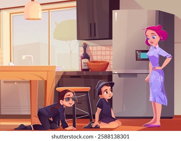 Mother catch detective kid in kitchen under table and smiling. Boy spy agent with girl investigator in sunglasses at home near fridge on floor. Cute family scene and modern interior game environment