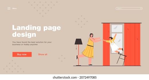 Mother catching falling daughter. Woman trying to help girl falling from chair. Worried mom looking at child. Little girl scared. Trauma and accident concept for banner, website or landing page