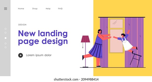 Mother catching falling daughter. Woman trying to help girl falling from chair. Worried mom looking at child. Little girl scared. Trauma and accident concept for banner, website or landing page