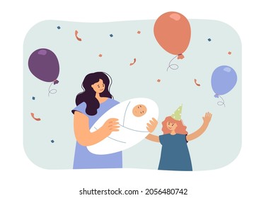 Mother celebrating birth of newborn baby with cute daughter. Woman and children with balloons flat vector illustration. Childbirth, family party concept for banner, website design or landing web page