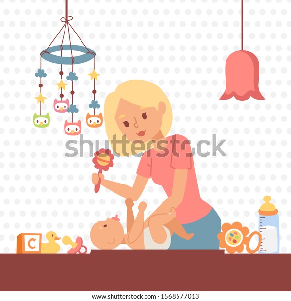 Mother changing baby diaper, vector illustration. Young woman playing