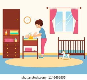 Mother Changing Diaper Ion A Changing Table. Baby Room With Furniture. Vector Illustration. Cartoon Style