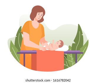 Mother changing a diaper on newborn baby. Motherhood and maternity concept