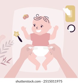 Mother changing a diaper on newborn baby. Motherhood and maternity concept. happy smiling toddler baby boy playing rattle toy. Baby nappy child changing table. Top view. flat vector illustration