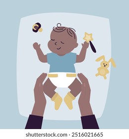 Mother changing diaper on newborn baby. Motherhood and maternity concept. happy smiling and sleeping toddler baby with rattle toy. Baby nappy child changing table. Top view. flat vector illustration