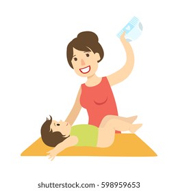 Mother Changing Nappy To A Baby On Changing Table, Illustration From Happy Loving Families Series