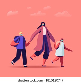 Mother Character Bringing Little Daughter and Son Pupils Wearing Medical Mask to Study in First Class. Back to School at Coronavirus Pandemic, Knowledge Day Concept. Cartoon People Vector Illustration