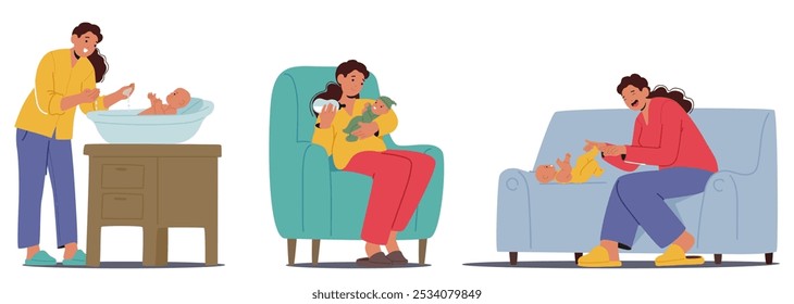 A Personagem Mãe Se Envolveu Em Atividades Diárias Com Seu Bebê Recém-Nascido, Apresentando Banho, Alimentação E Tempo De Brincar, Retratando Calor E Amor Através De Cenas Familiares E Parentais. Ilustração de vetor de desenhos animados