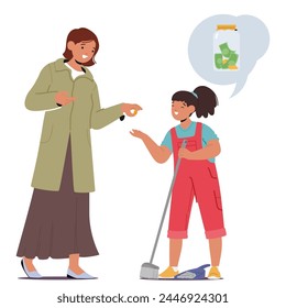 Mother Character Guides Her Daughter, Showing Her How To Insert Coins Into A Moneybox, Instilling The Valuable Lesson Of Saving Money For The Future With Care And Patience. Cartoon Vector Illustration