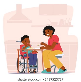 Mother Character Helping A Child In A Wheelchair With Self-care Skills, Specifically Eating. Vector Scene Reflects Care, Support And Daily Routine Activities In A Kitchen Setting. Cartoon Illustration