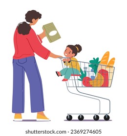 Mother Character And Her Young Daughter Comfortably Seated In A Shopping Cart, Sharing Smiles And Precious Moments As They Navigate The Store Together. Cartoon People Vector Illustration