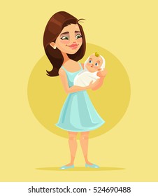 Mother character holds little child on hands. Vector flat cartoon illustration