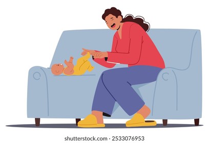 Mother Character Joyfully Interacts With Her Newborn Baby While Sitting On A Cozy Couch, Creating A Warm And Loving Atmosphere, Perfect For Depicting The Joys Of Parenthood And Early Bonding Moments