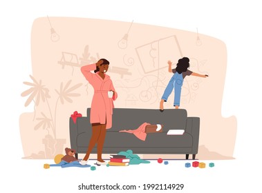 Mother Character Shocked with Little Girl Painting on Wall, Naughty Kid Making Mess, Drawing, Throw Things Around. Baby Create Chaos at Home, Bad Behavior Concept. Cartoon People Vector Illustration