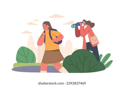 Mother Character Spying For Daughter Through Binoculars While She Walking To School. Parental Supervision, Illustration