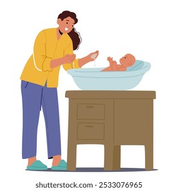 Mother Character Tenderly Cares For Her Infant During Bath Time At Home Creating A Warm And Loving Atmosphere, Parenting, Bond, Motherhood And The Joy Of Nurturing A Newborn Baby. Vector Illustration