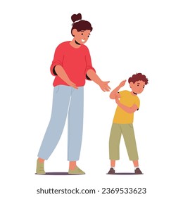 Mother Character Trying Interact With Her Autistic Son In Vain. Child Exhibiting Signs Of Autism Avoid Close Contact. Kid Needs For Respect Her Sensory Sensitivities. Cartoon Vector Illustration