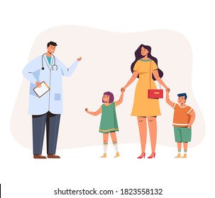 Carácter materno con dos hijos consultando al médico. Ilustración de diseño gráfico plano vectorial