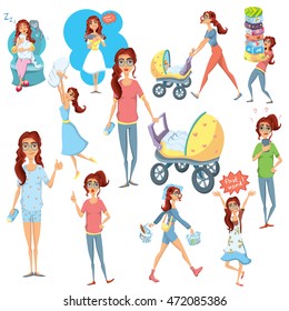 Mother character vector  illustration set, mom with newborn in different poses, situations, mother's day, sleepy, playing, with various emotions, first word, baby carriage.