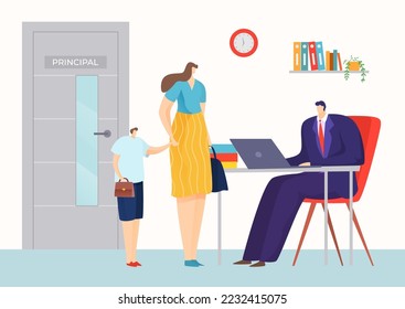 Mother character with young teenager male schoolboy meeting school principal worker, office director cabinet flat vector illustration.