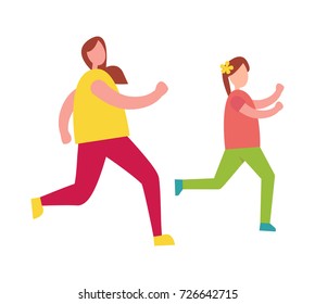 Mother chasing her young daughter isolated vector illustration on white background. Loving parent and teenage kid playing tag and having fun together