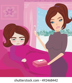 mother checking temperature of sick daughter lying in bed