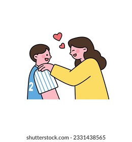 A mother is cheering on her son before a sports match. outline simple vector illustration.