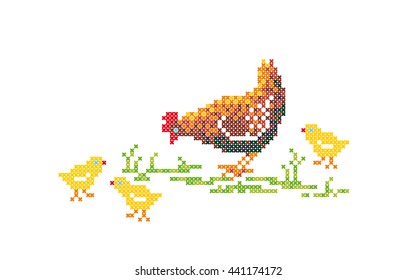 Mother chicken with chicks. Cross stitch. Vector element embroidery.