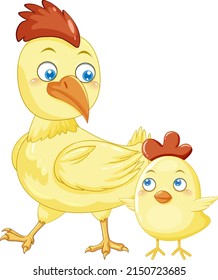 Mother chicken and her chick in cartoon style illustration