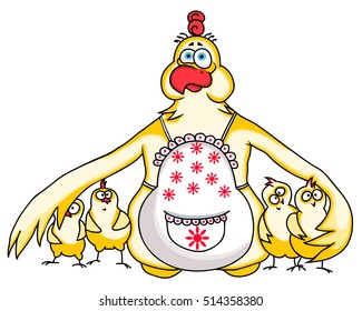 Mother Chicken protects her chickens. Funny cartoon image for Mother's Day. Vector image with simple gradients isolated on white background. All on the same layer.