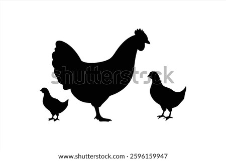 A mother chicken and two chicks are walking closely on a farm under bright daylight. The chickens appear solid black against a white background, highlighting their silhouettes and form.