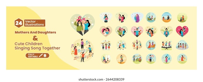Mother and child activities in leisure time. Mother plays music, sings, and dances with the children. Mega set.