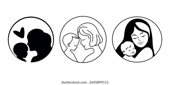 Mother and Child Affection Vector Icon Set. Set of vector illustrations depicting nurturing moments between mothers and children.
