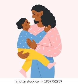 Mother and child. African american woman holding her cute baby girl in arms. Happy Mother's day. Modern maternity. Design for greeting card, poster, web or print. Flat vector illustration.