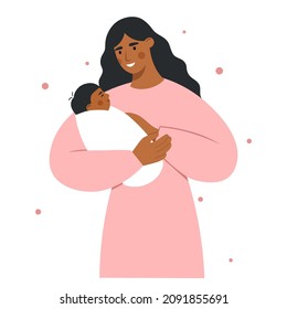 Mother And Child. African American Woman Holding Her Cute Baby In Arms. Happy Mother's Day. Modern Maternity. Design For Greeting Card, Poster, Web Or Print. Flat Vector Illustration.