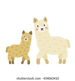 Mother and child alpacas cartoon character isolated on white background.