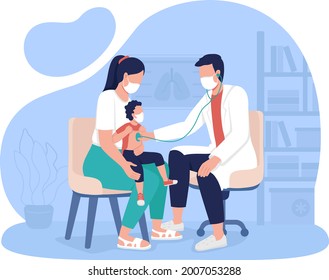 Mother and child appointment at hospital 2D vector isolated illustration. Pediatric office visit flat characters on cartoon background. Well-baby checkup. Visit to primary care doctor colourful scene