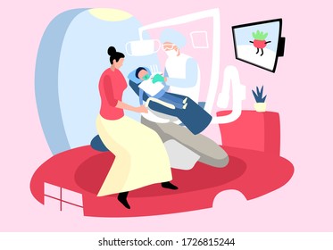 Mother with child at at the dentist’s appointment vector illustration. a Doctor checks a kid’s teeth. Patient with toothache. Family at dental  clinic. Health care concept. Сaries diagnostic.