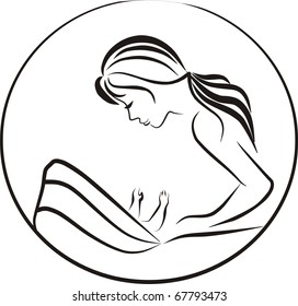 mother and child in baby carriage, stroller, sketch in black lines