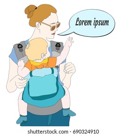 Mother and a child in a baby carry with a speech  bubble