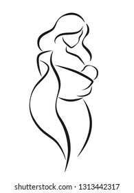 Mother with child in baby sling vector symbol in simple lines, logo, icon, symbol