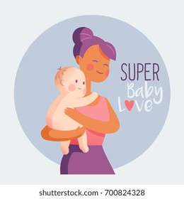 Mother and child, babysitter nanny isolated vector illustration. Happy mothers day greeting card design. Design for stickers, logo, web and mobile app.