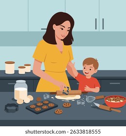 A mother and child are baking cookies together in a kitchen, creating a heartwarming scene.