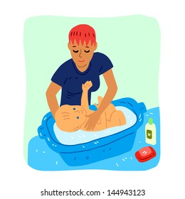 Mother with child bathing