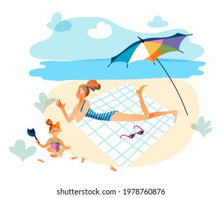 Mother and child at beach picnic, eating ice cream. Mom and daughter pastime at summer sea vacation. Vector character illustration of family activity recreation, parenthood, childhood