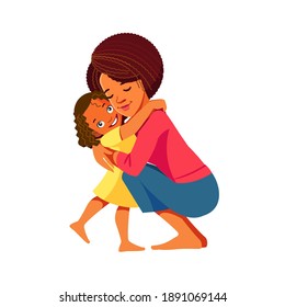 Mother and child. Beautiful african american mom hugging her daughter with a lot of love and tenderness. Mother's day, holiday concept. Cartoon flat isolated vector design.