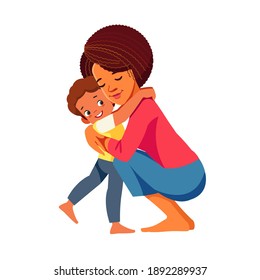 Mother and child. Beautiful african american mom hugging her son with a lot of love and tenderness. Mother's day, holiday concept. Cartoon flat isolated vector design.